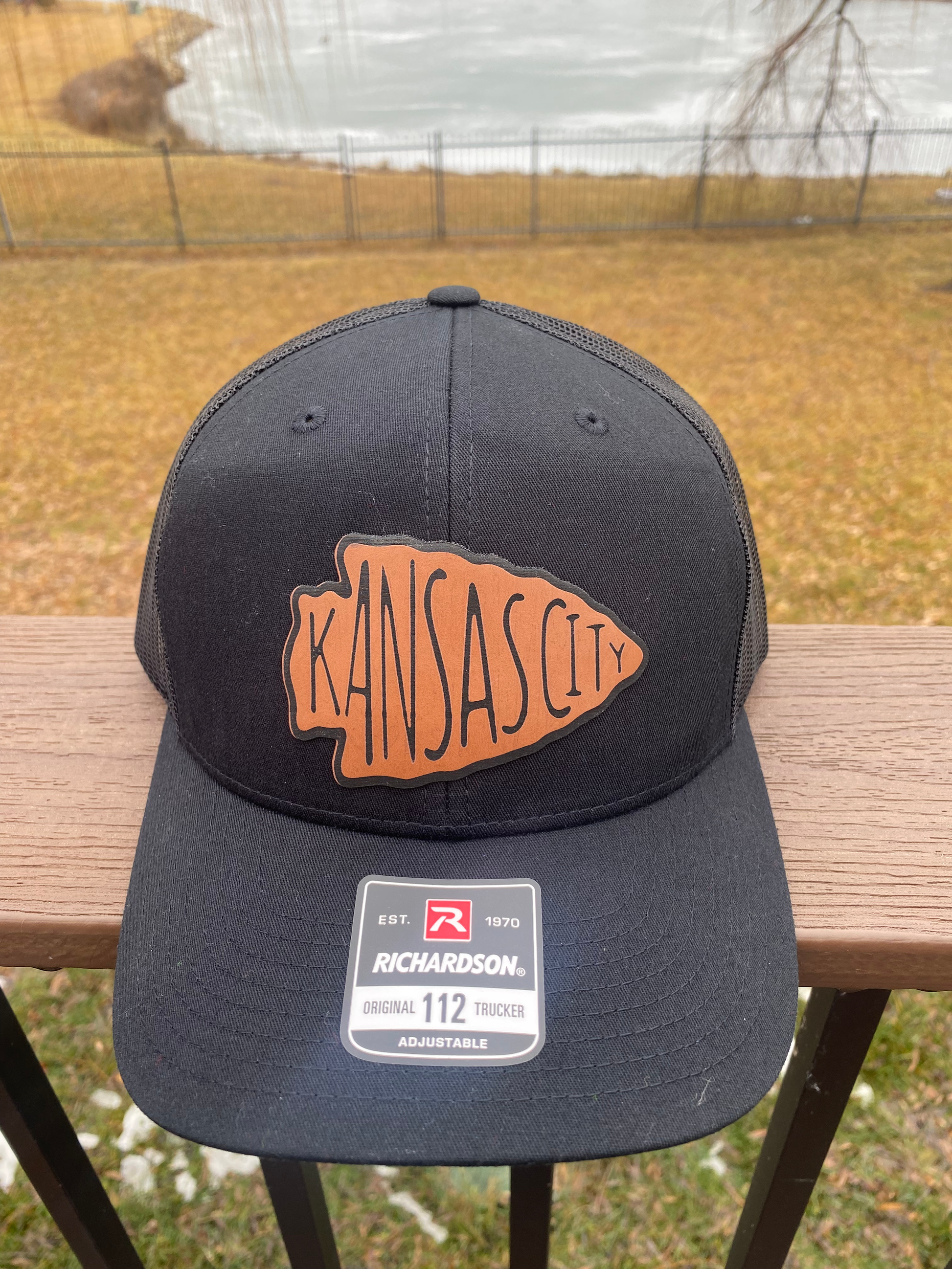 Kansas City Chiefs Arrowhead logo Leather Patch Richardson Black and natural leather hat