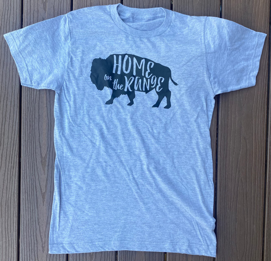 Heather gray t-shirt with a black silhouette of a buffalo and 'Home on the Range' text on a wooden surface.