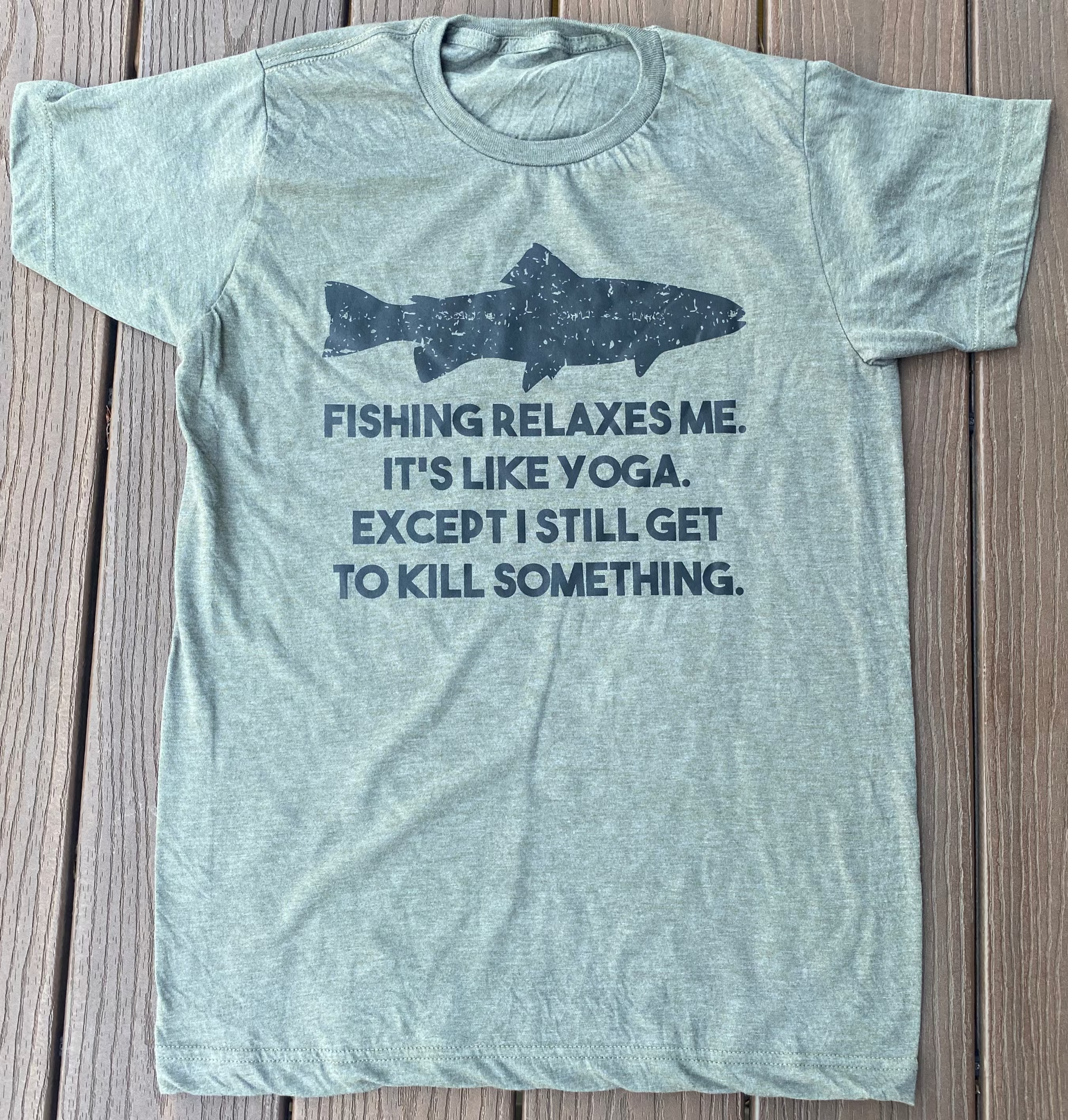 heather military green t-shirt with funny fish graphic from Ron Swanson quote  in Parks in Rec
