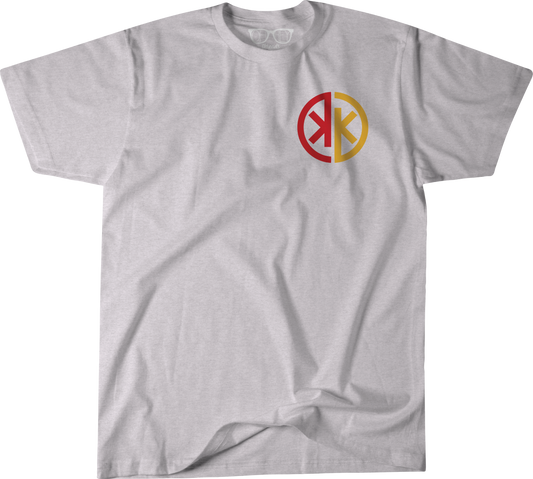 Kingdom Korner Podcast T-shirt on light white heather gray